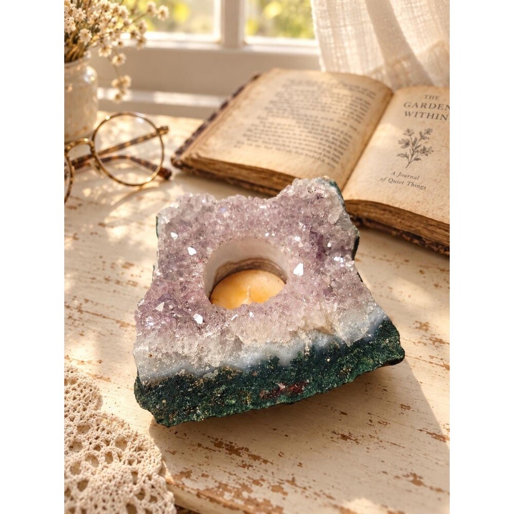 Vintage Amethyst Geode Tealight Candle Holder Crystal Home Decor 6 x 4.5 in